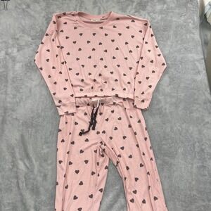 Jenni Heart Print Waffle Knit Pajama Set Size M Pink Women Loungewear Thermal